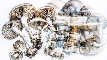 double exposure of different types of mushrooms (shiitake, oyster, etc.) blending with an image of a nutrient-dense smoothie, symbolizing the health benefits of adding mushrooms to superfood 