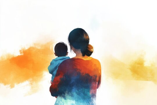 Mother holds her son on hands back view and looking forward. Young woman embraces child with love and care. Illustration for the happy Mother's Day	