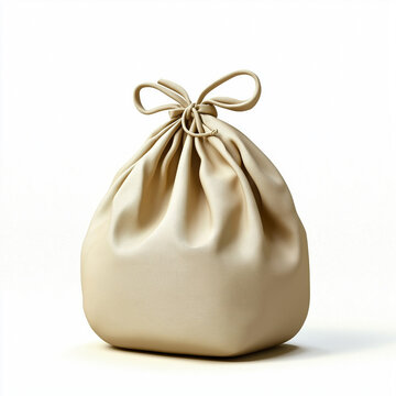 Closed beige cloth bag tied with a string on white background