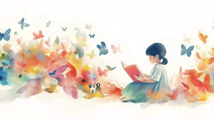 Obraz premium Child reading book with colorful shapes in watercolor style