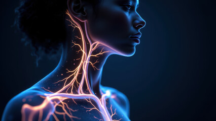 A detailed medical illustration showing a woman's neck with the Vagus Nerve highlighted, showcasing VNS (Vagal Nerve Stimulation).