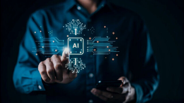 AI-Powered IoT Solution, A Man Interacting with a Holographic Interface.