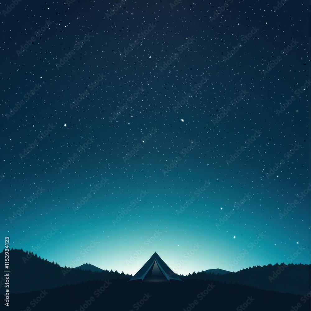 Poster starry night sky above a campsite with a tent in a serene wilderness setting. generative ai