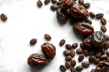 Obraz premium A close-up of dates and coffee beans on a marble surface, suggesting a culinary theme.