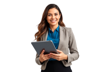 Happy businesswoman with tablet, business concept, isolated on transparent background