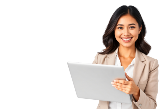 Professional businesswoman holding a laptop, smiling nicely, business concept