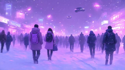 Futuristic city snow, crowd walking.