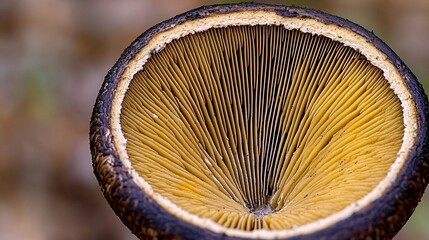 of a mushroom's gills, integrated with an image of vitamins, emphasizing nutritional value. | [Superfood]:[mushrooms] 