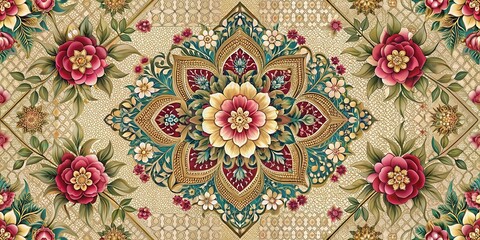 Intricate floral motifs intertwined with geometric shapes and calligraphy on a luxurious fabric background, Floral Arrangement, Calligraphy Design