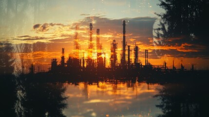 Fototapeta premium Industrial sunset over oil refinery urban landscape photography art reflective water dramatic viewpoint energy concept