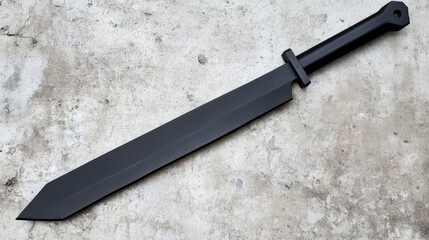 A black, double-edged sword resting on a textured surface, showcasing its sleek design.