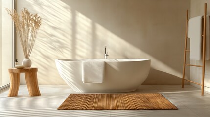 A photostock image of a minimalist bathroom with a bamboo bath mat and towels.--ar 16:9