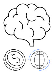 Brain symbolizing intellect above a coin and globe with arrows indicating global transactions. Ideal for business, economics, finance, globalization, innovation, education, intelligence. Line