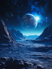 A stunning extraterrestrial landscape featuring rugged lunar terrain, a vibrant blue planet in the sky, and a mysterious dark moon. Generative AI