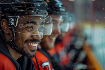 Joyful hockey players share a moment on the bench, showcasing camaraderie and the spirit of teamwork.