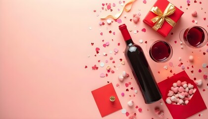 Valentine's day background with wine bottle, gift box, glasses, heart shaped candies, red paper envelope and confetti on pink background. Greeting card template for Valentines Day. Flat lay, top view