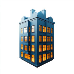 Modern residential building glowing at night on white background