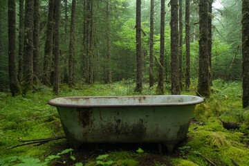 Abandoned Bathtub Surrounded by Lush Green Forest