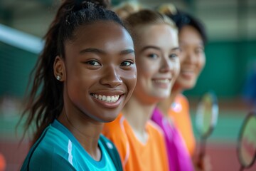 Fototapeta premium Joyful young athletes sharing a moment of camaraderie and preparation before a tennis match in vibrant attire.