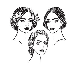 Set of stylized woman faces. Modern single line art. Woman beauty fashion concept, minimalistic style Black and white