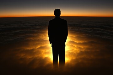 Man Silhouette at Sunrise Above the Clouds