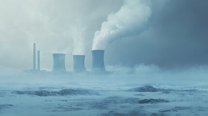 Industrial pollution impact power plant landscape photography foggy environment distant perspective climate change awareness