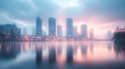 Obraz premium Misty Morning Urban Landscape with Reflections and Soft Light