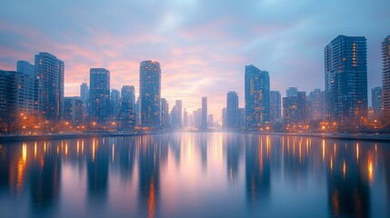 Obraz premium Serene Cityscape at Dusk Reflecting Skyscrapers and Colorful Sky