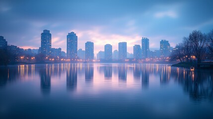 Naklejka premium Serene Cityscape Reflection at Dusk with Soft Blue Sky