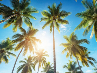 Obraz premium Palm trees with sunlight streaming through, highlighting their lush green fronds against a bright tropical sky. Generative AI