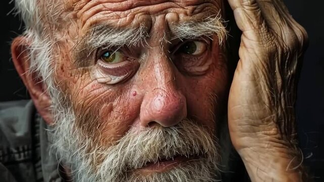 Close-up image of an elderly man with a pensive look. Showcases emotions and depth. Ideal for conceptual projects and stock photography. Generative AI