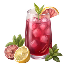 A glass of pink drink with a lemon slice and mint leaves. The drink is served in a tall glass with ice cubes