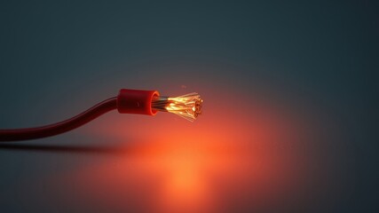 Close-up of a red electrical wire with exposed glowing copper strands against a dark background