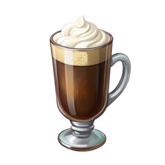A glass of coffee with whipped cream on top. The coffee is brown and the whipped cream is white