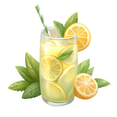 Fototapeta premium A glass of lemonade with a green leaf on top. The glass is half full and the lemon slices are visible