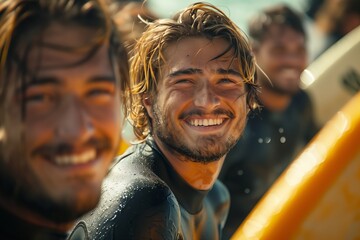 Smiling surfers enjoying a sunny day at the beach, capturing the excitement and joy of surfing culture.