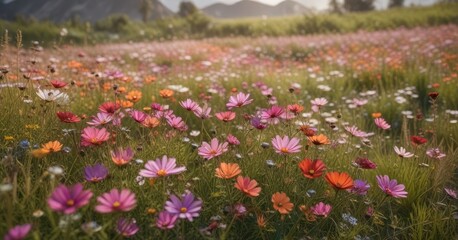 Fototapeta premium Colorful cosmos flowers in a vast field with tall grasses and wildflowers, floral fields, flower fields, colorful blooms