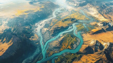 Aerial view of a meandering river flowing through a mountainous landscape. The river is turquoise, and the mountains are a mix of brown, yellow, and green.