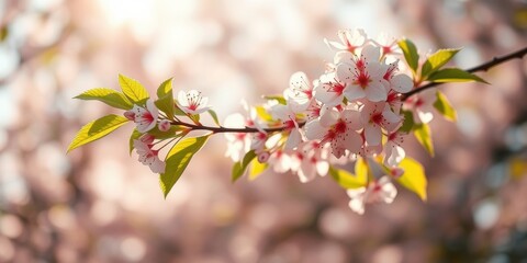 Delicate Spring Blossoms on a Branch, Bathed in Golden Sunlight