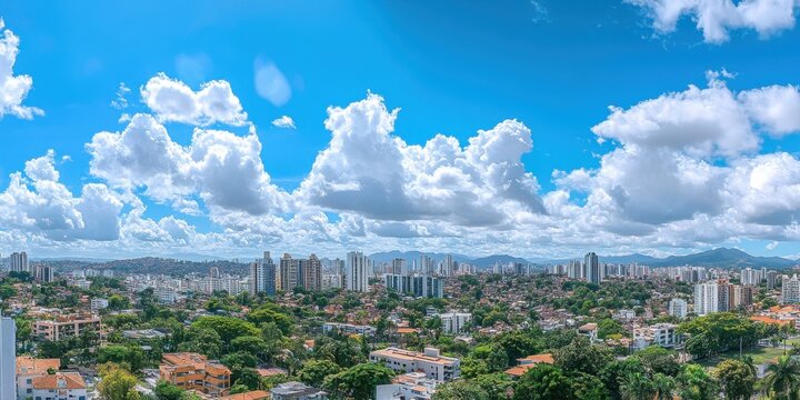 Paisaje urbano panor&aacute;mico con nubes y edificios