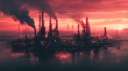 Fototapeta premium Industrial revolution in flames a dystopian landscape of oil refineries at sunset