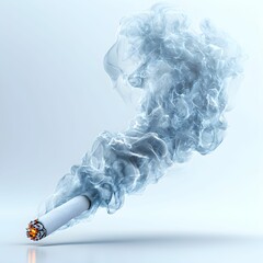 A detailed image of a lit cigarette releasing swirling smoke against a light blue background, emphasizing the texture and movement of the smoke.
