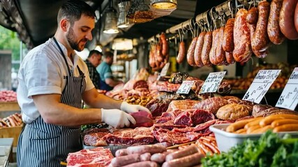 Experience the craft of butchery in this lively market scene. The butcher showcases a variety of meats, emphasizing freshness and quality. Celebrate culinary traditions. Generative AI