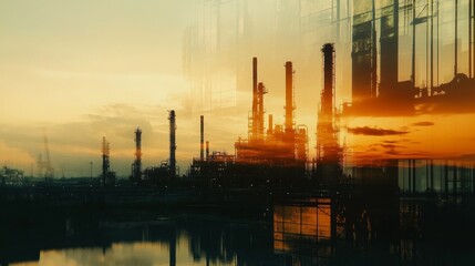 Obraz premium Industrial sunset oil refinery operations coastal region photography urban landscape wide angle energy production