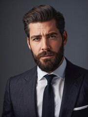 A close-up portrait of a bearded man in a suit with a thoughtful expression and soft lighting, set against a minimal background. Generative AI