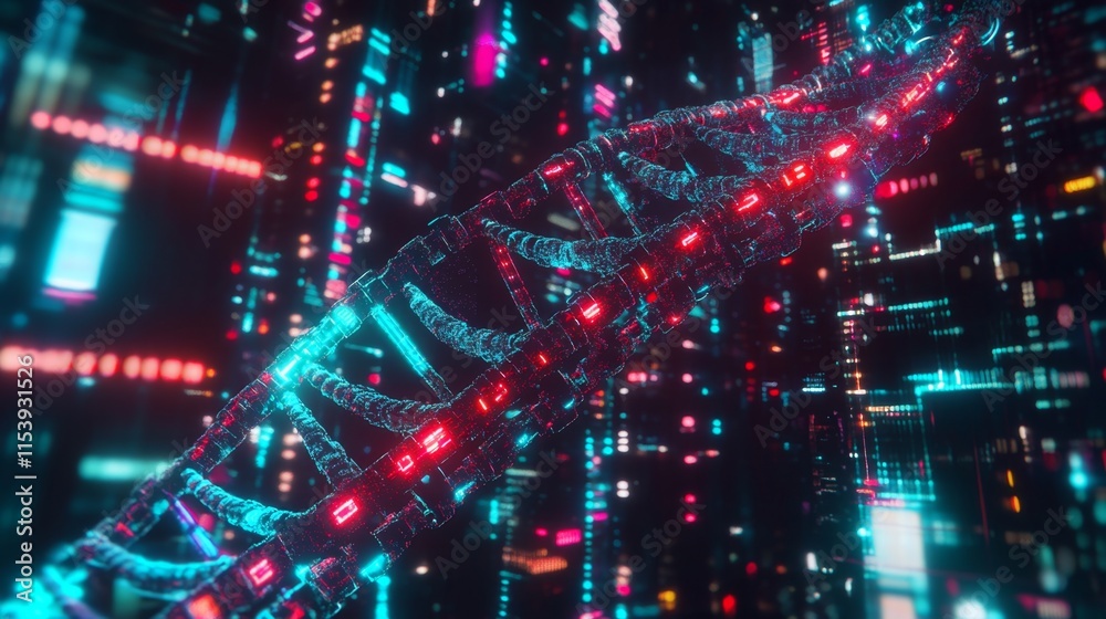Poster dynamic dna helix animation virtual reality environment 3d visualization futuristic design close-up 