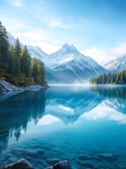 Serene alpine lake reflecting snow-capped mountains and lush forested slopes, with soft mist hovering above the water. A tranquil natural landscape. Generative AI
