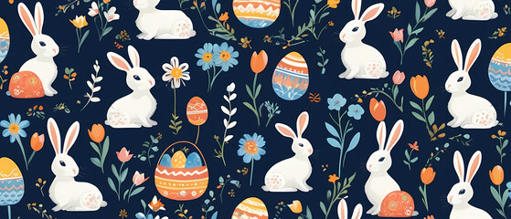 seamless pattern with eggs, rabits and  and flowers