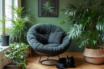 Obraz premium Cozy Green Living Room with Black Velvet Chair and Houseplants