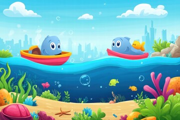 Cartoon Fish in Boats Sailing Over Underwater Cityscape